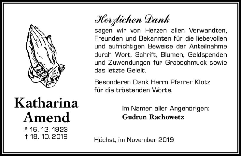  Traueranzeige für Katharina Amend vom 09.11.2019 aus vrm-trauer