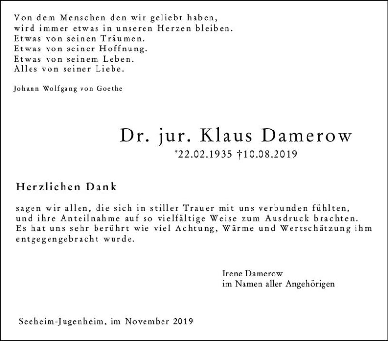 Traueranzeige für Klaus Damerow vom 25.11.2019 aus vrm-trauer