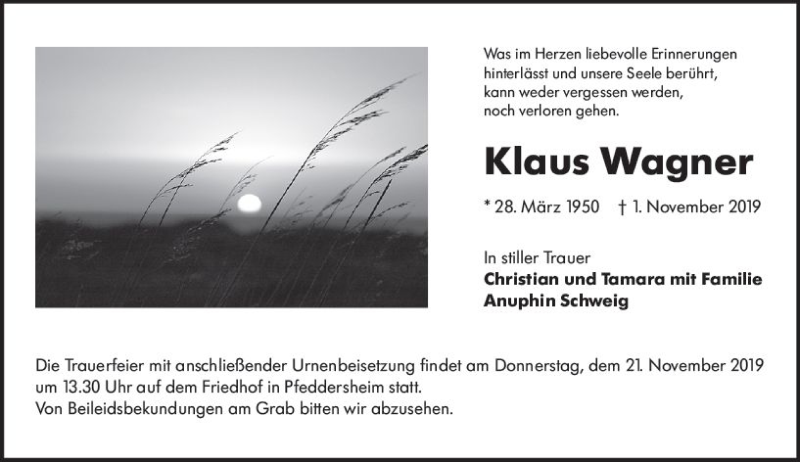  Traueranzeige für Klaus Wagner vom 16.11.2019 aus vrm-trauer