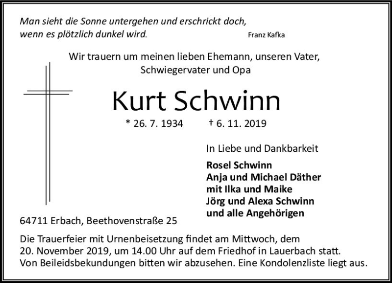  Traueranzeige für Kurt Schwinn vom 16.11.2019 aus vrm-trauer