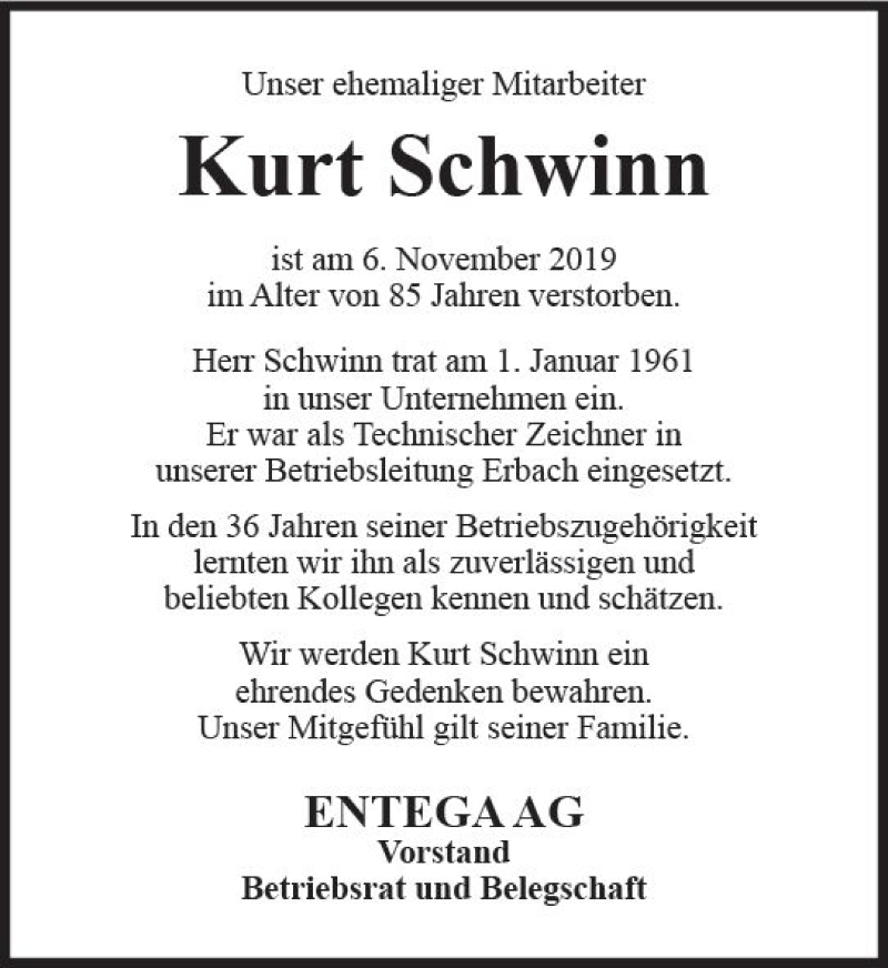  Traueranzeige für Kurt Schwinn vom 23.11.2019 aus vrm-trauer