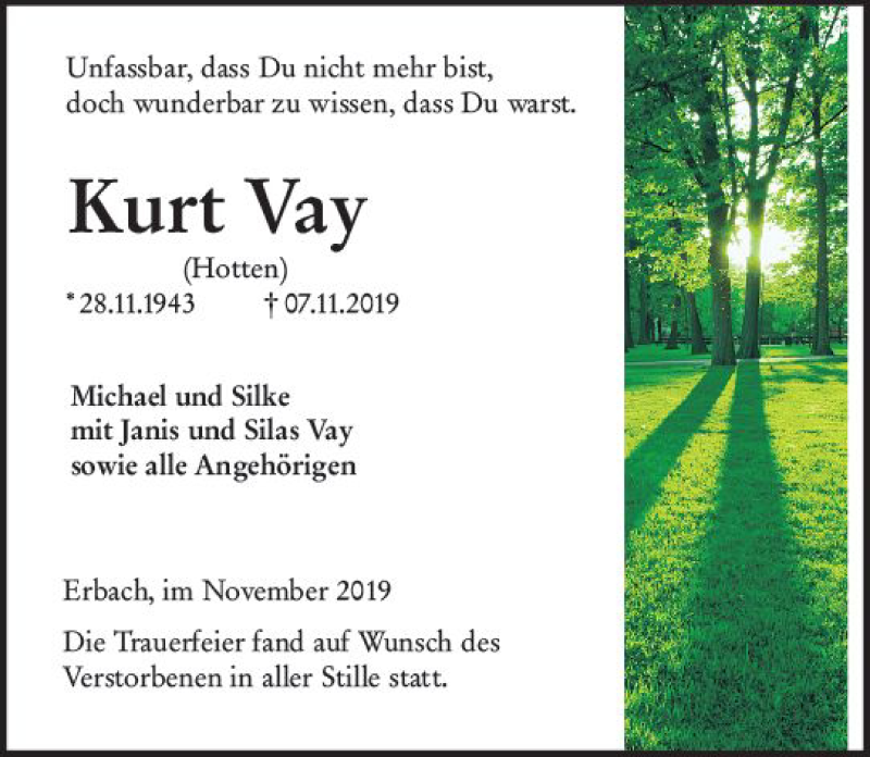  Traueranzeige für Kurt Vay vom 26.11.2019 aus vrm-trauer