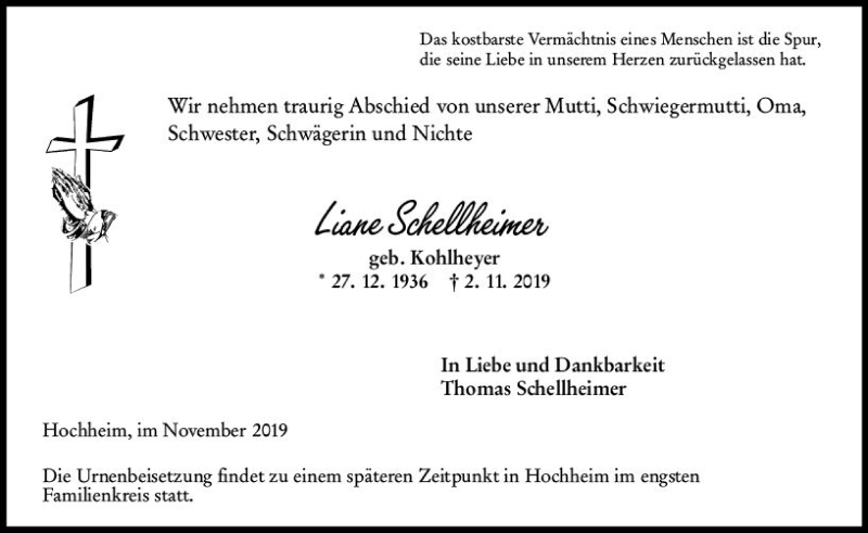  Traueranzeige für Liane Schellheimer vom 08.11.2019 aus vrm-trauer
