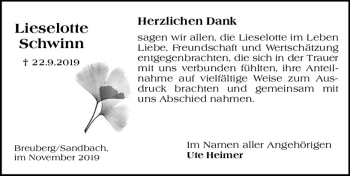 Traueranzeige von Lieselotte Schwinn von vrm-trauer