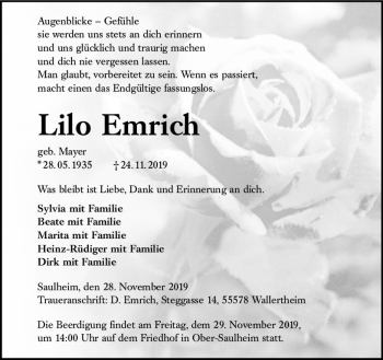 Traueranzeige von Lilo Emrich von vrm-trauer