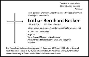 Traueranzeige von Lothar Bernhard Becker von vrm-trauer