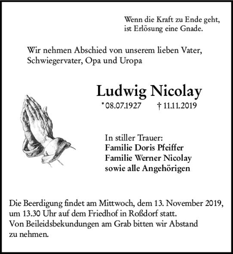  Traueranzeige für Ludwig Nicolay vom 12.11.2019 aus vrm-trauer