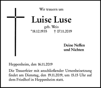 Traueranzeige von Luise Luse von vrm-trauer