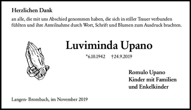  Traueranzeige für Luviminda Upano vom 09.11.2019 aus vrm-trauer