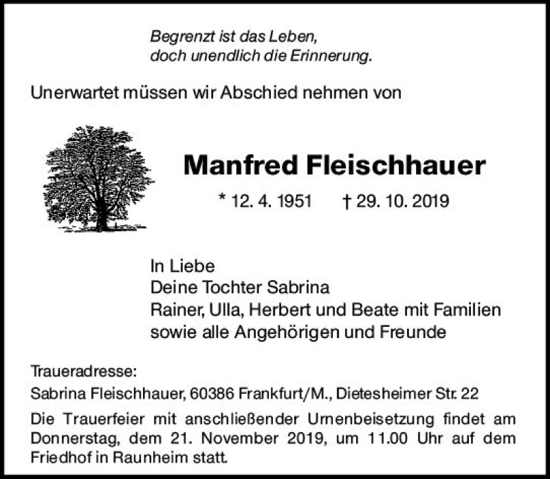  Traueranzeige für Manfred Fleischhauer vom 16.11.2019 aus vrm-trauer