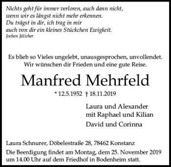 Traueranzeige von Manfred Mehrfeld von vrm-trauer