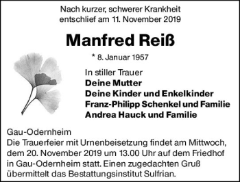Traueranzeige von Manfred Reiß von vrm-trauer