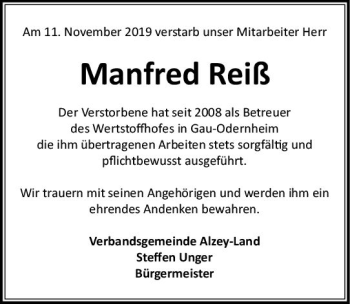 Traueranzeige von Manfred Reiß von vrm-trauer