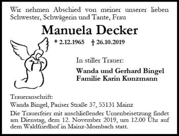 Traueranzeige von Manuela Decker von vrm-trauer