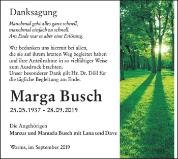 Traueranzeige von Marga Busch von vrm-trauer