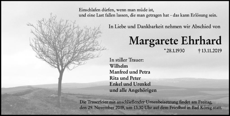  Traueranzeige für Margarete Ehrhard vom 23.11.2019 aus vrm-trauer