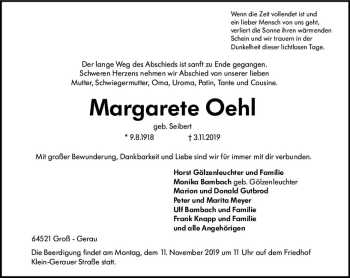 Traueranzeige von Margarete Oehl von vrm-trauer
