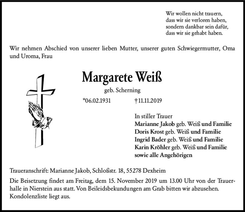  Traueranzeige für Margarete Weiß vom 13.11.2019 aus vrm-trauer