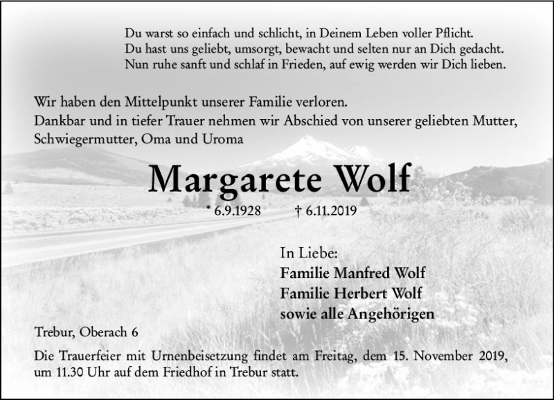  Traueranzeige für Margarete Wolf vom 11.11.2019 aus vrm-trauer