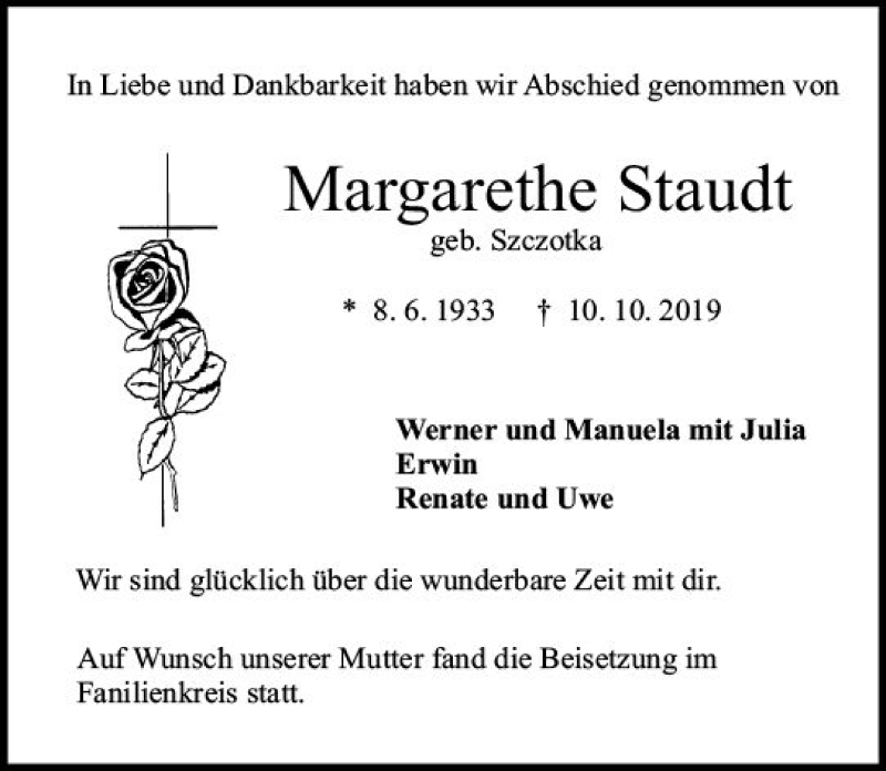  Traueranzeige für Margarethe Staudt vom 09.11.2019 aus vrm-trauer