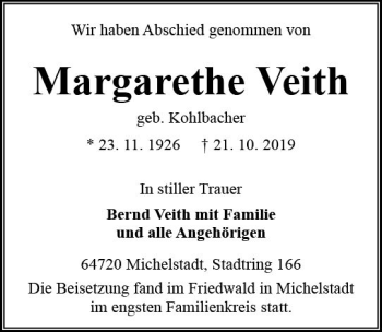 Traueranzeige von Margarethe Veith von vrm-trauer