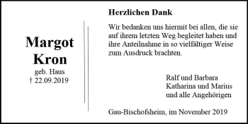 Traueranzeige von Margot Kron von vrm-trauer