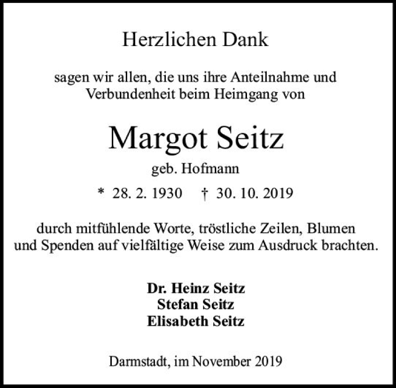  Traueranzeige für Margot Seitz vom 30.11.2019 aus vrm-trauer