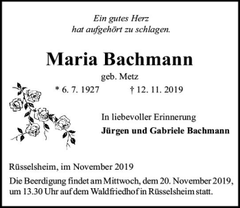Traueranzeige von Maria Bachmann von vrm-trauer