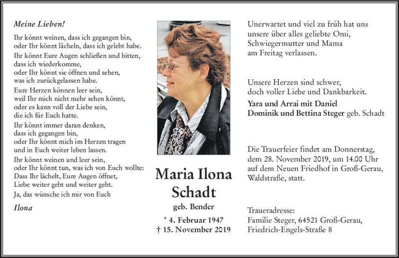  Traueranzeige für Maria Ilona Schadt vom 23.11.2019 aus vrm-trauer
