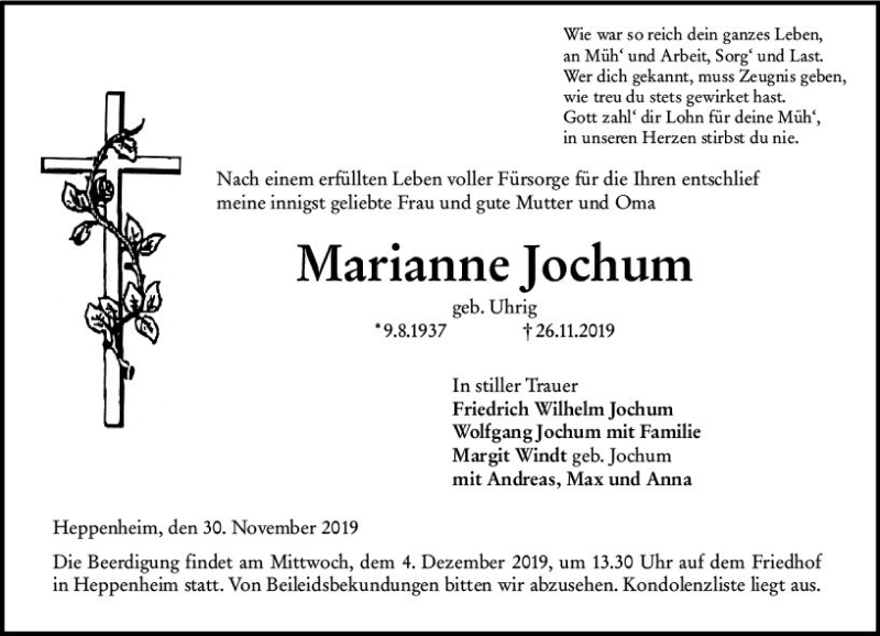  Traueranzeige für Marianne Jochum vom 30.11.2019 aus vrm-trauer