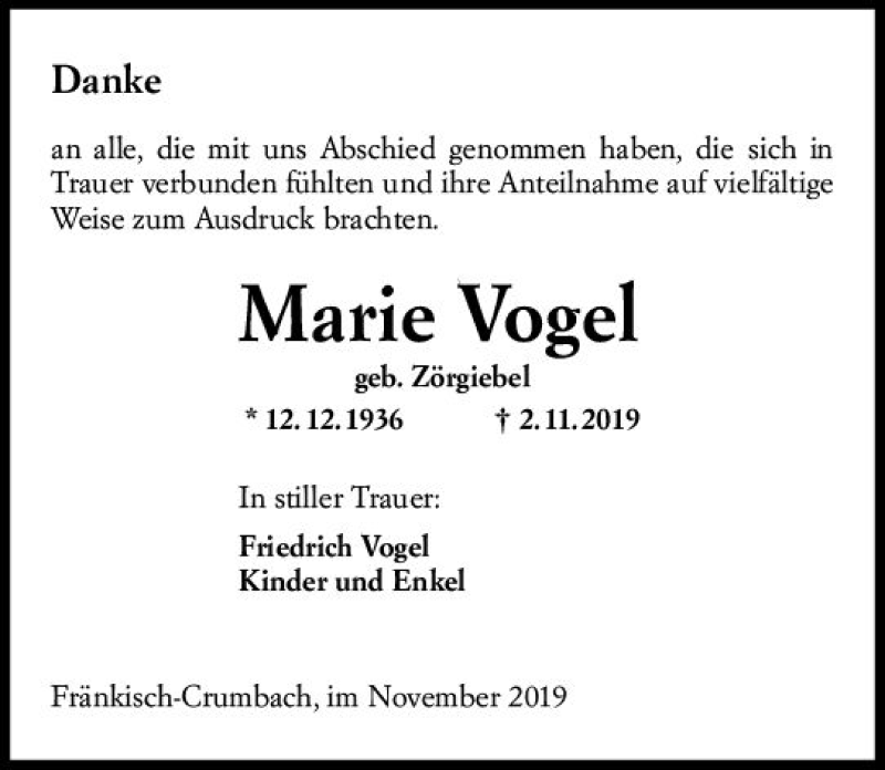  Traueranzeige für Marie Vogel vom 30.11.2019 aus vrm-trauer
