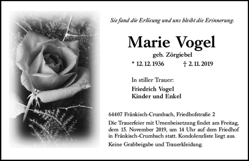  Traueranzeige für Marie Vogel vom 13.11.2019 aus vrm-trauer