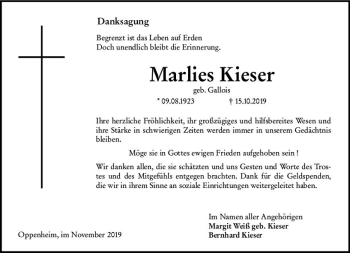Traueranzeige von Marlies Kieser von vrm-trauer