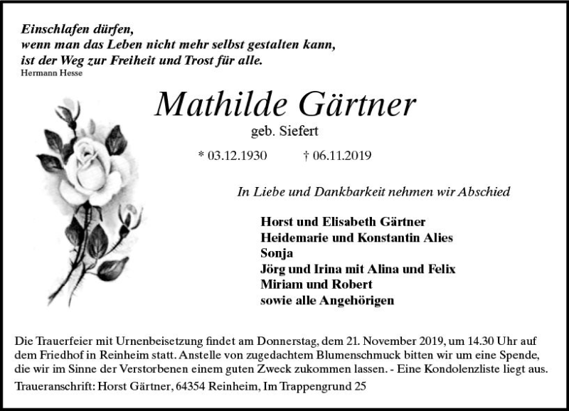  Traueranzeige für Mathilde Gärtner vom 16.11.2019 aus vrm-trauer