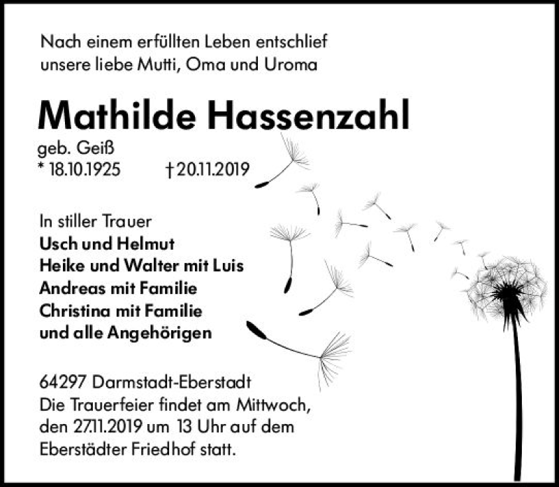  Traueranzeige für Mathilde Hassenzahl vom 23.11.2019 aus vrm-trauer