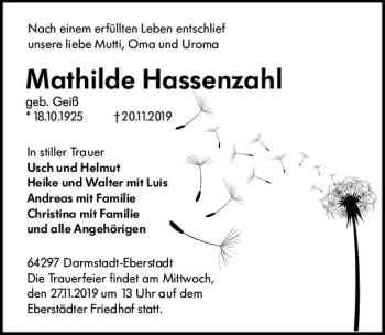 Traueranzeige von Mathilde Hassenzahl von vrm-trauer