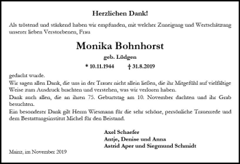 Traueranzeige von Monika Bohnhorst von vrm-trauer