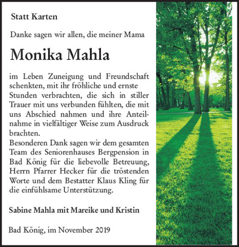  Traueranzeige für Monika Mahla vom 09.11.2019 aus vrm-trauer