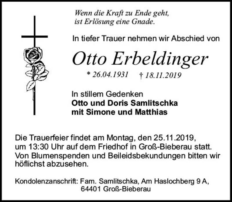  Traueranzeige für Otto Erbeldinger vom 23.11.2019 aus vrm-trauer