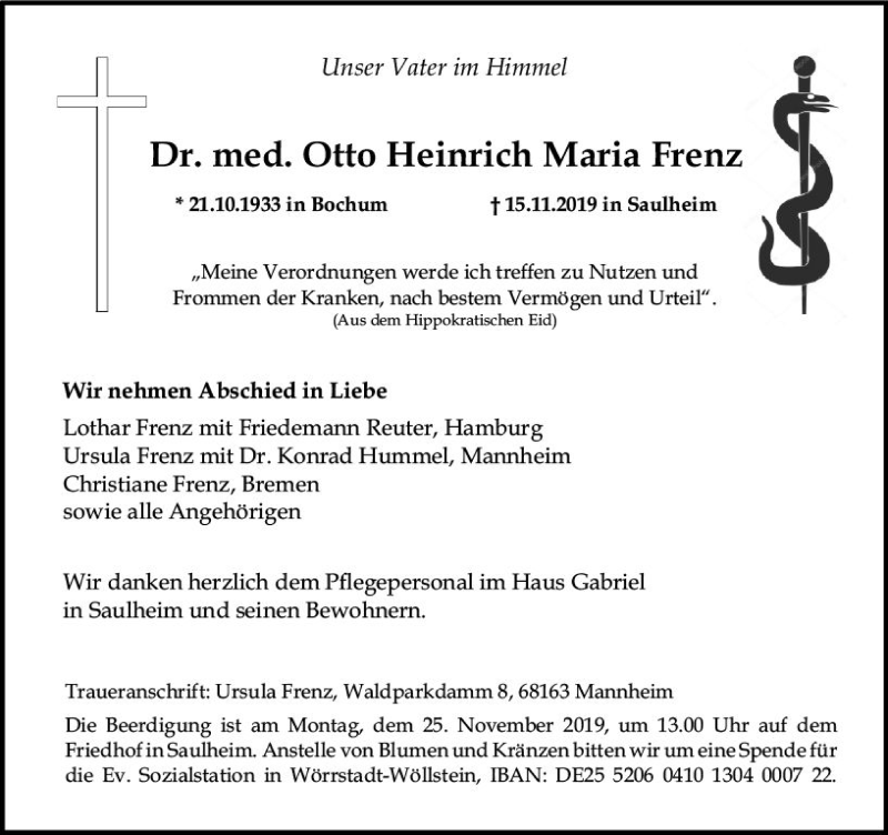  Traueranzeige für Otto Heinrich Maria Frenz vom 20.11.2019 aus vrm-trauer