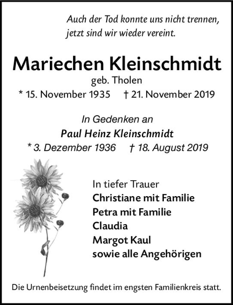  Traueranzeige für Paul Heinz Kleinschmidt vom 30.11.2019 aus vrm-trauer