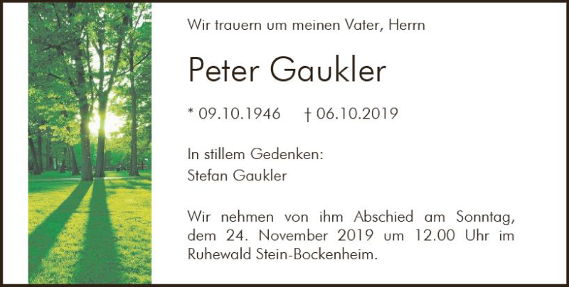  Traueranzeige für Peter Gaukler vom 09.11.2019 aus vrm-trauer