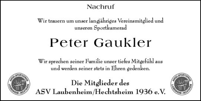  Traueranzeige für Peter Gaukler vom 16.11.2019 aus vrm-trauer