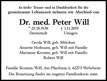 Traueranzeige von Peter Will von vrm-trauer