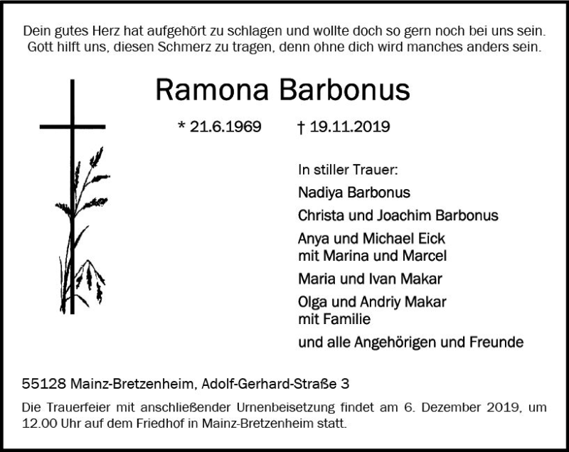  Traueranzeige für Ramona Barbonus vom 23.11.2019 aus vrm-trauer