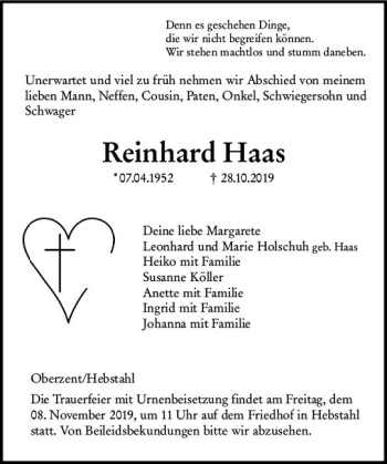 Traueranzeige von Reinhard Haas von vrm-trauer