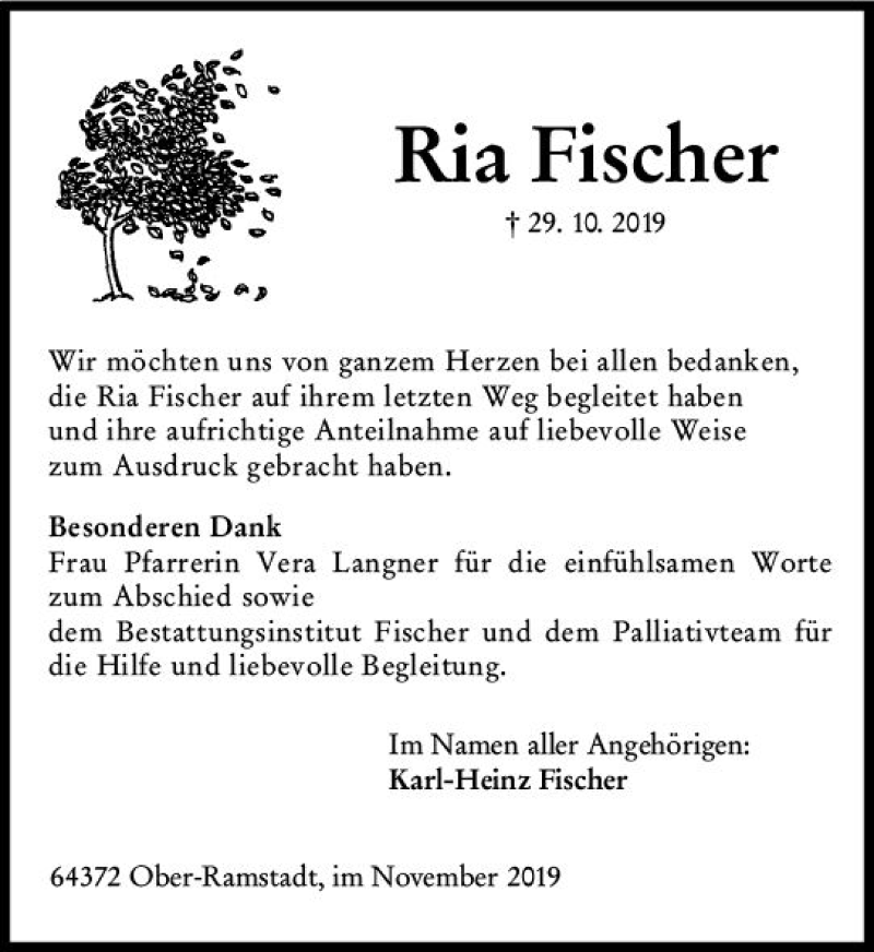  Traueranzeige für Ria Fischer vom 23.11.2019 aus vrm-trauer