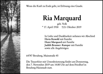 Traueranzeige von Ria Marquard von vrm-trauer
