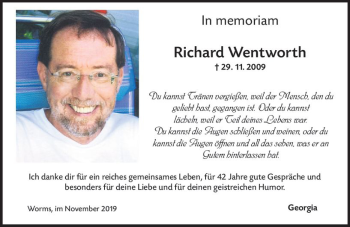 Traueranzeige von Richard Wentworth von vrm-trauer