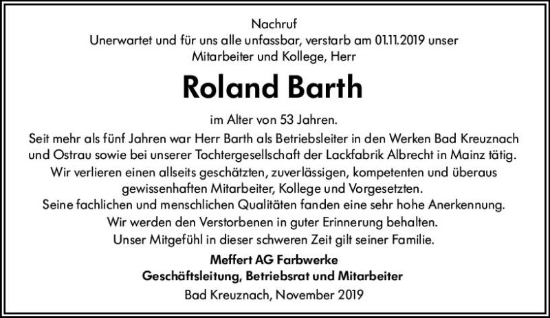  Traueranzeige für Roland Barth vom 15.11.2019 aus vrm-trauer
